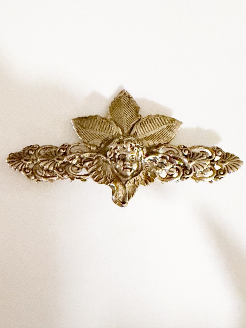 VINTAGE Gold Tone Cherub Angel Bar Brooch Pin Filigree Floral Victorian Style